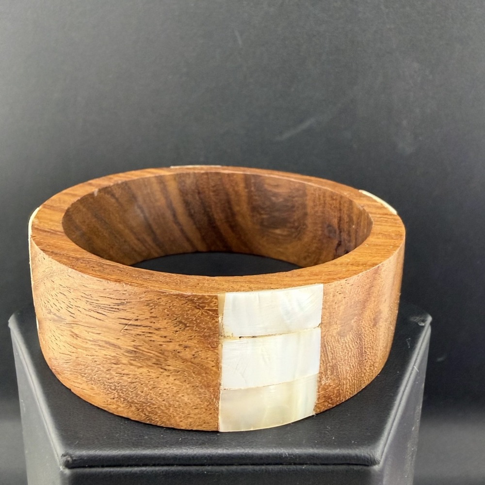 Vintage Estate Bangle Bracelet Brown Wood Mother of Pearl Inlay 8.5"